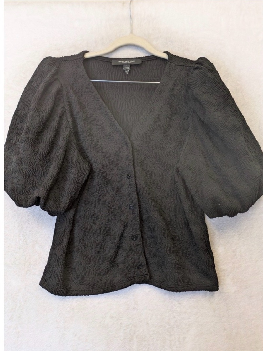 Marc New York Black Textured Puff-Sleeve Button Front Top